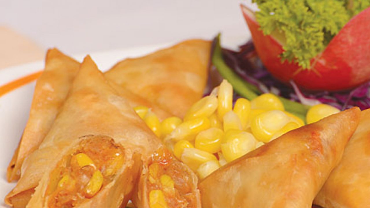 Vegan spring rolls served with corn and salad garnish