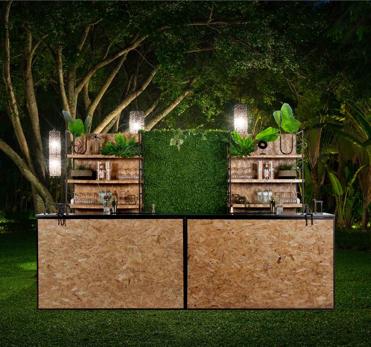 Outdoor mobile bar setup with wooden texture and greenery
