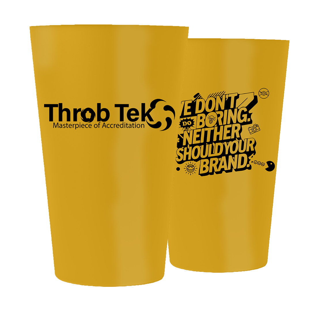 Yellow branded drink cups with Throb Tek logo.