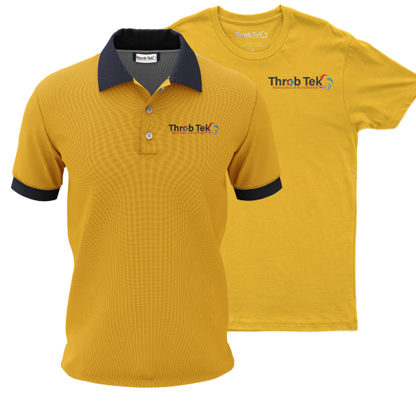 Branded T-shirt and polo shirt in yellow with Throb Tek logo