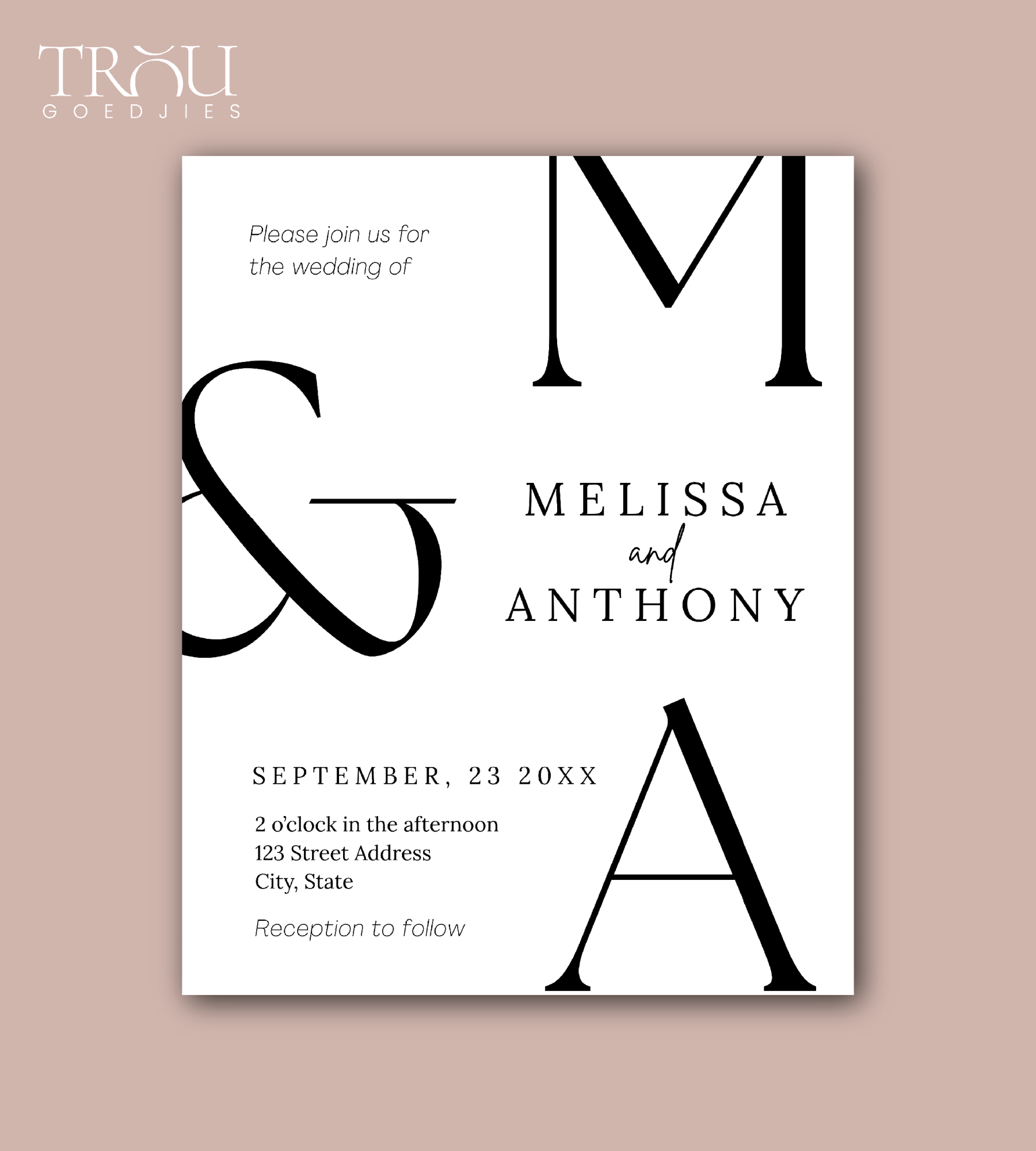 Custom wedding invitation design featuring initials and event details