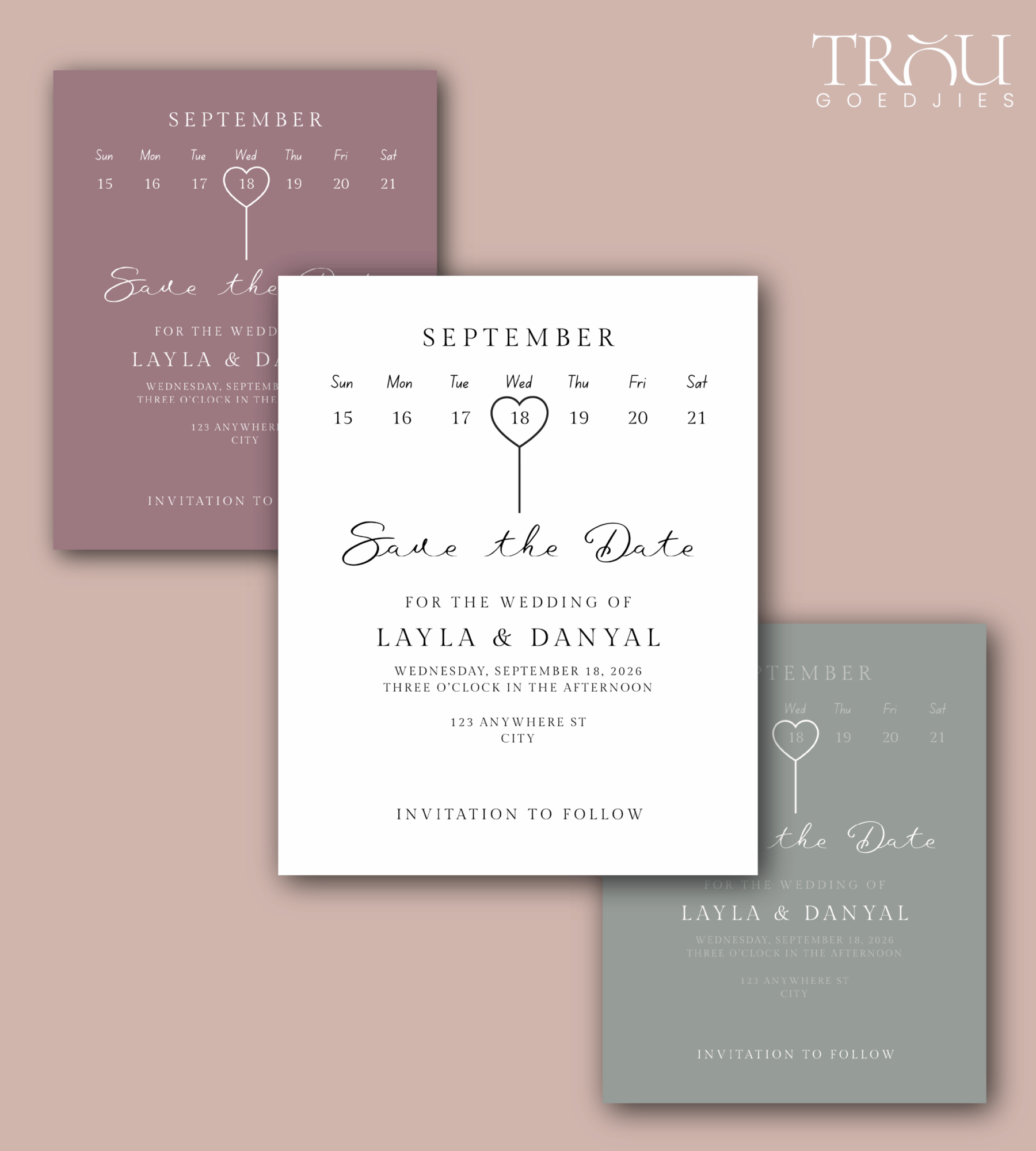 Custom save the date cards for Layla and Danyal's wedding.
