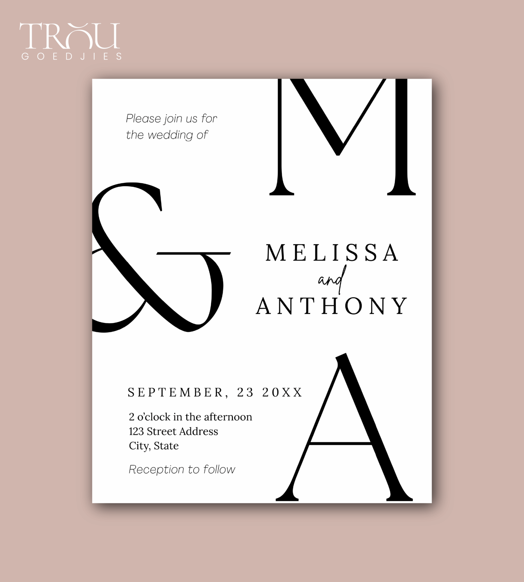 Black and white wedding invitation with bold text.