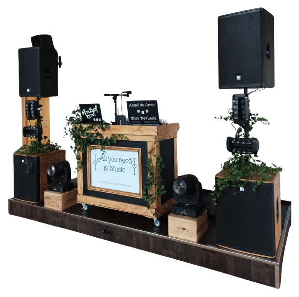DJ booth with speakers and lighting equipment