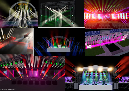 Collage of various stage designs with lighting effects
