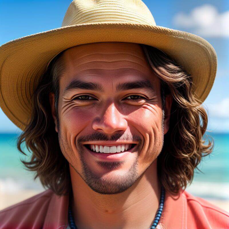 Man smiling at the beach under a sun hat