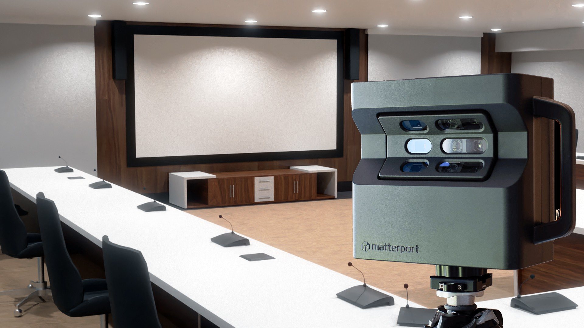 Matterport 3D scanning equipment in a conference room setup