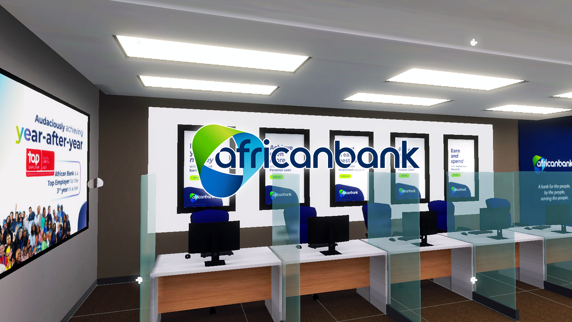 Virtual Reality setup featuring African Bank branding and workstations