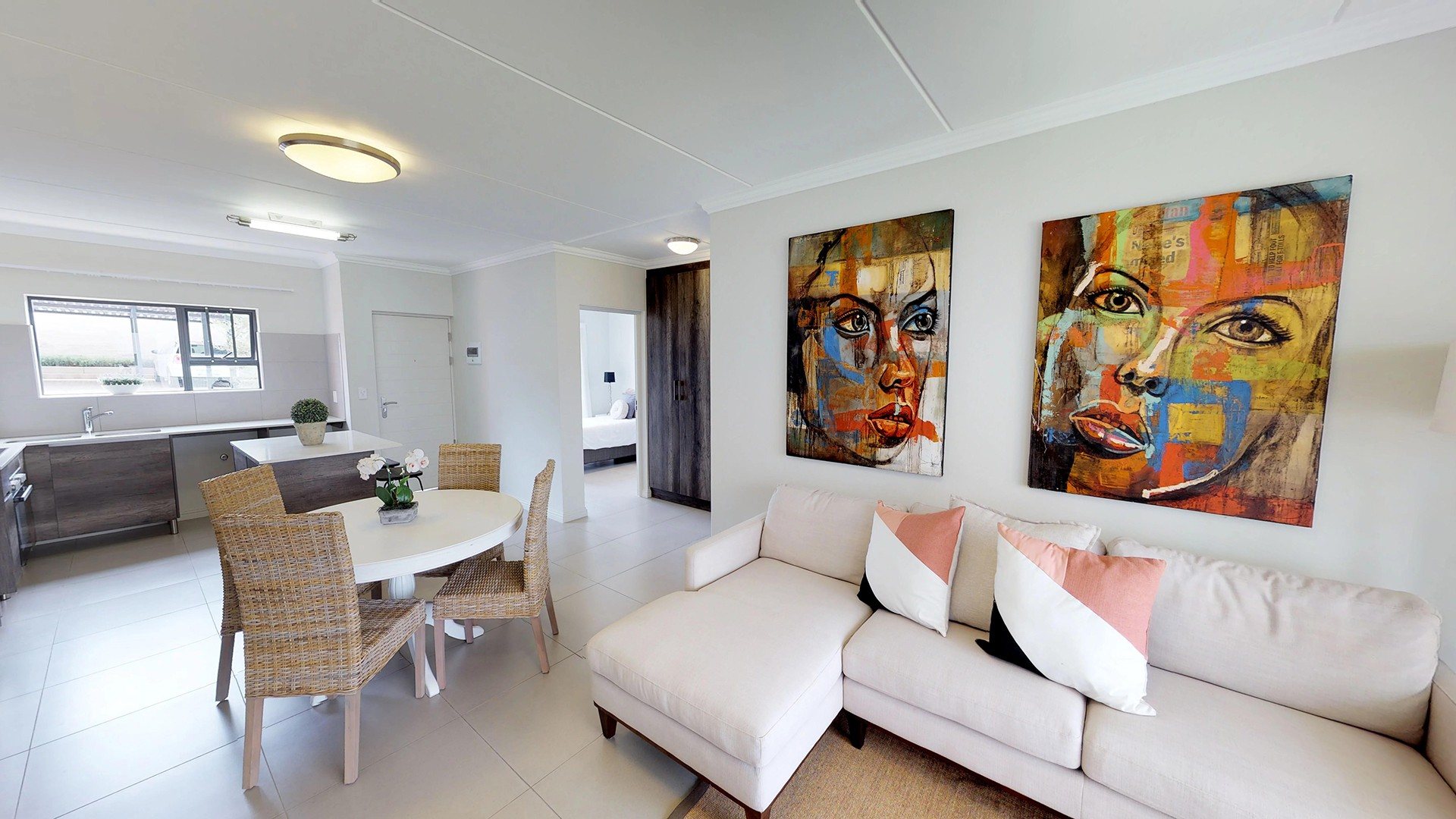 Spacious living room with art and seating