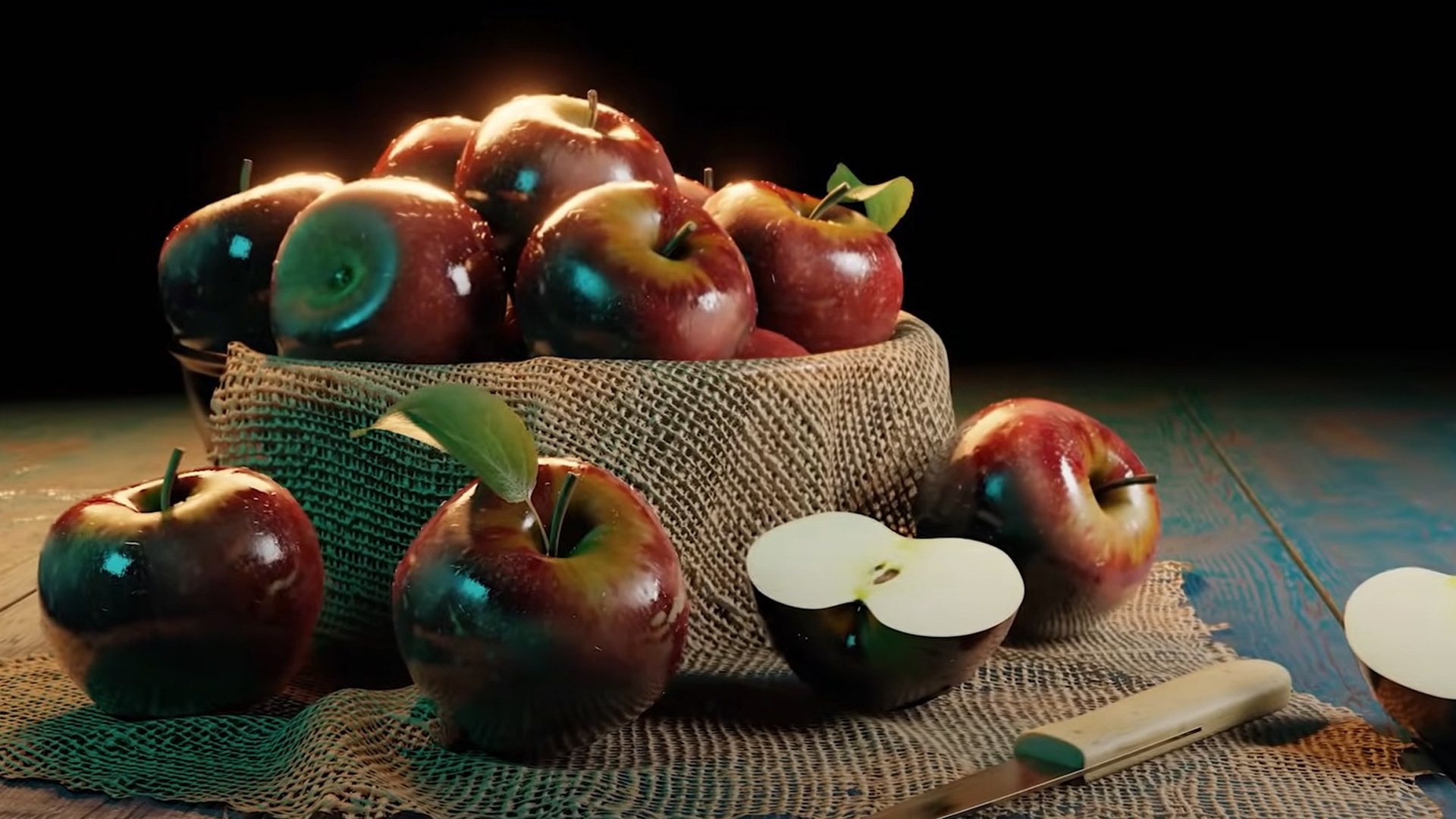 A bowl of red apples on a burlap surface with a knife and cut apple.