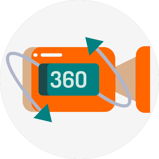 Icon of a 360° camera with arrows indicating rotation.