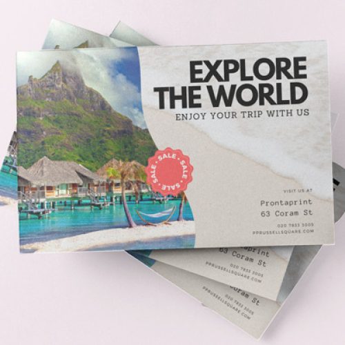 Colorful travel postcard with a tropical resort scene.