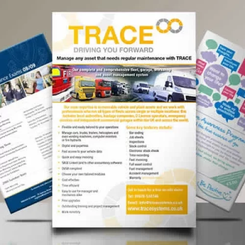 Flyer promoting Trace maintenance systems with vehicle images.