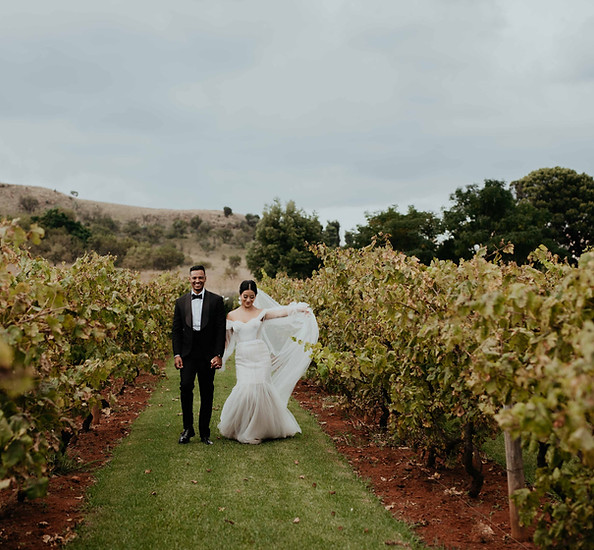 Couple walking hand-in-hand through a vineyard