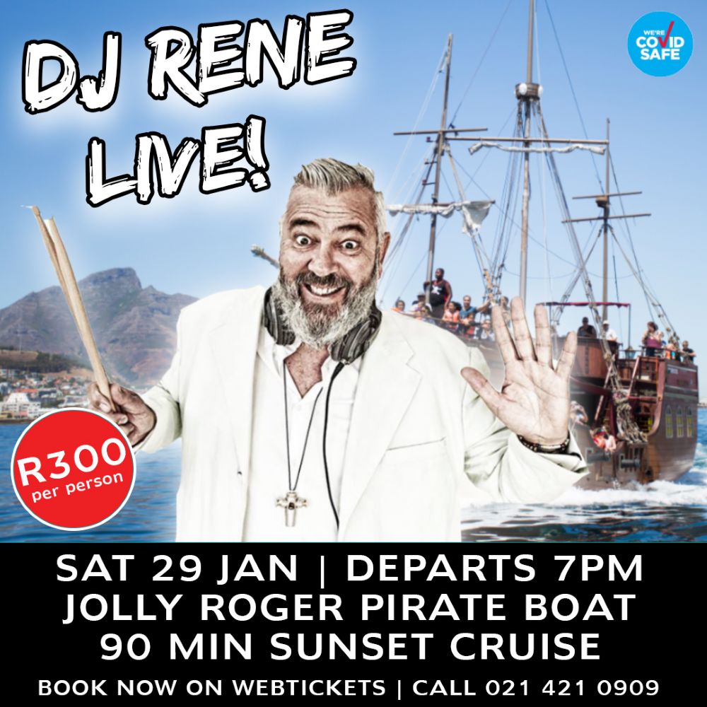 DJ Rene promoting a sunset cruise on the Jolly Roger Pirate Boat.