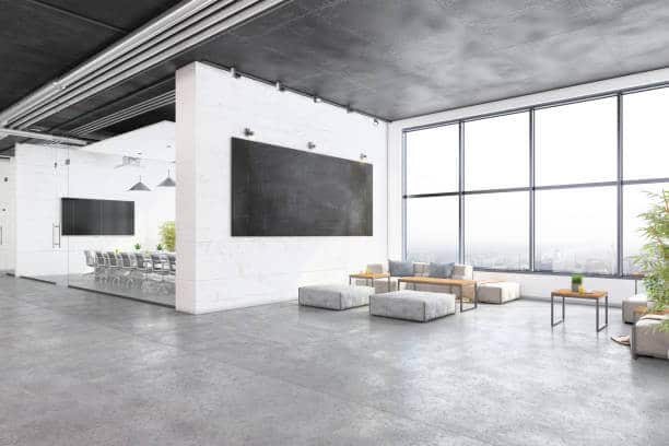 Modern interior of a spacious event venue with large windows