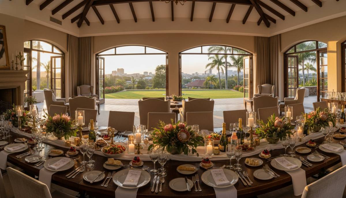 Long milestone party table in an estate clubhouse