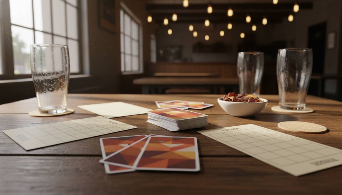 Trivia cards and score sheets on a table