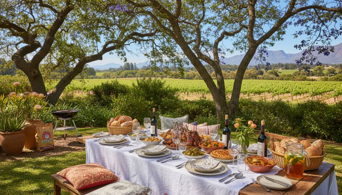 Sunday lunch table set under garden trees