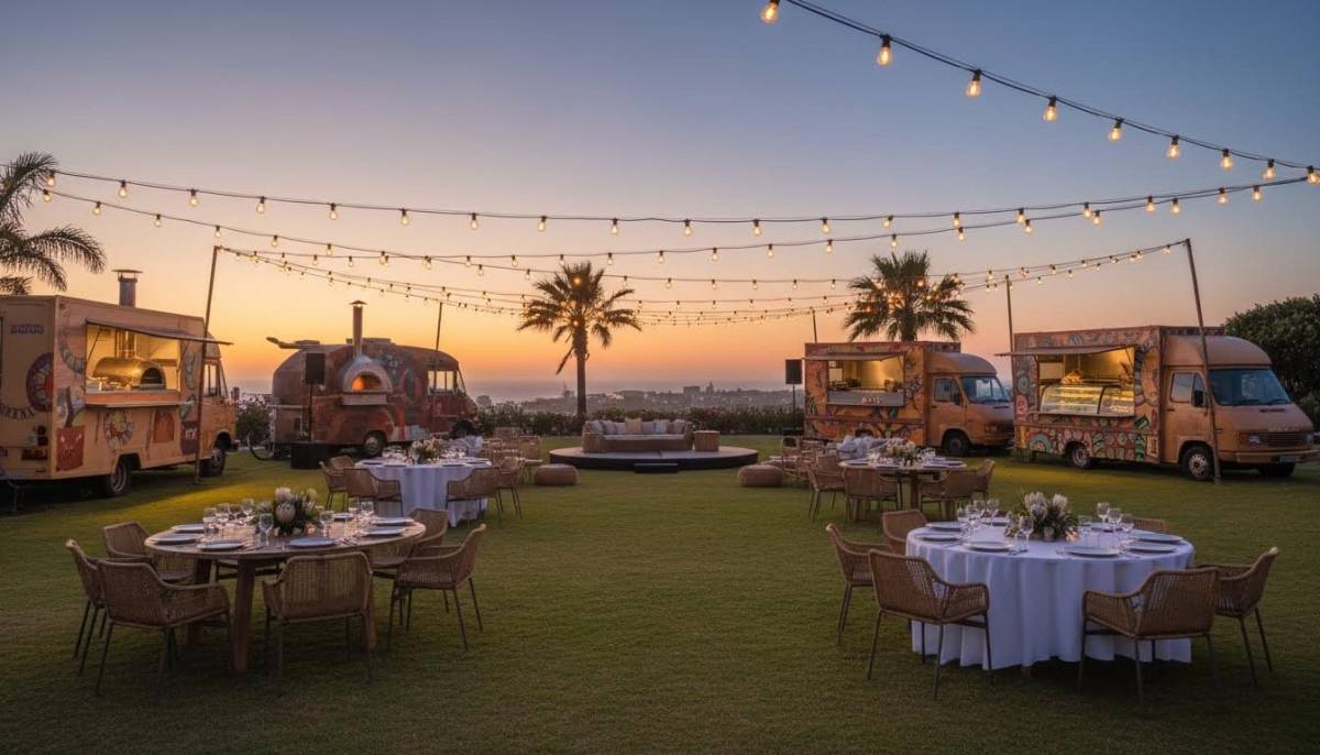 Outdoor party lawn with food truck lights