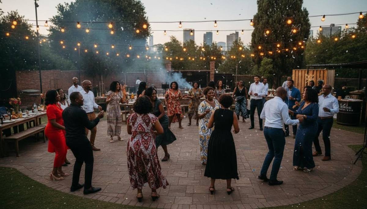 Guests dancing under string lights