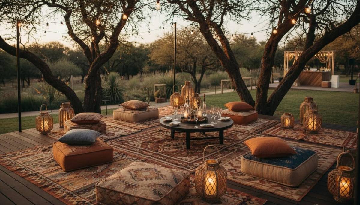 Outdoor lounge corner with rugs and low seating