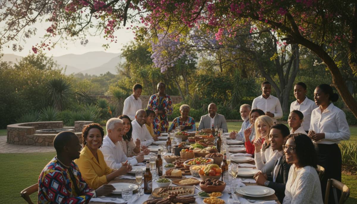 Family gathered at a long outdoor celebration table