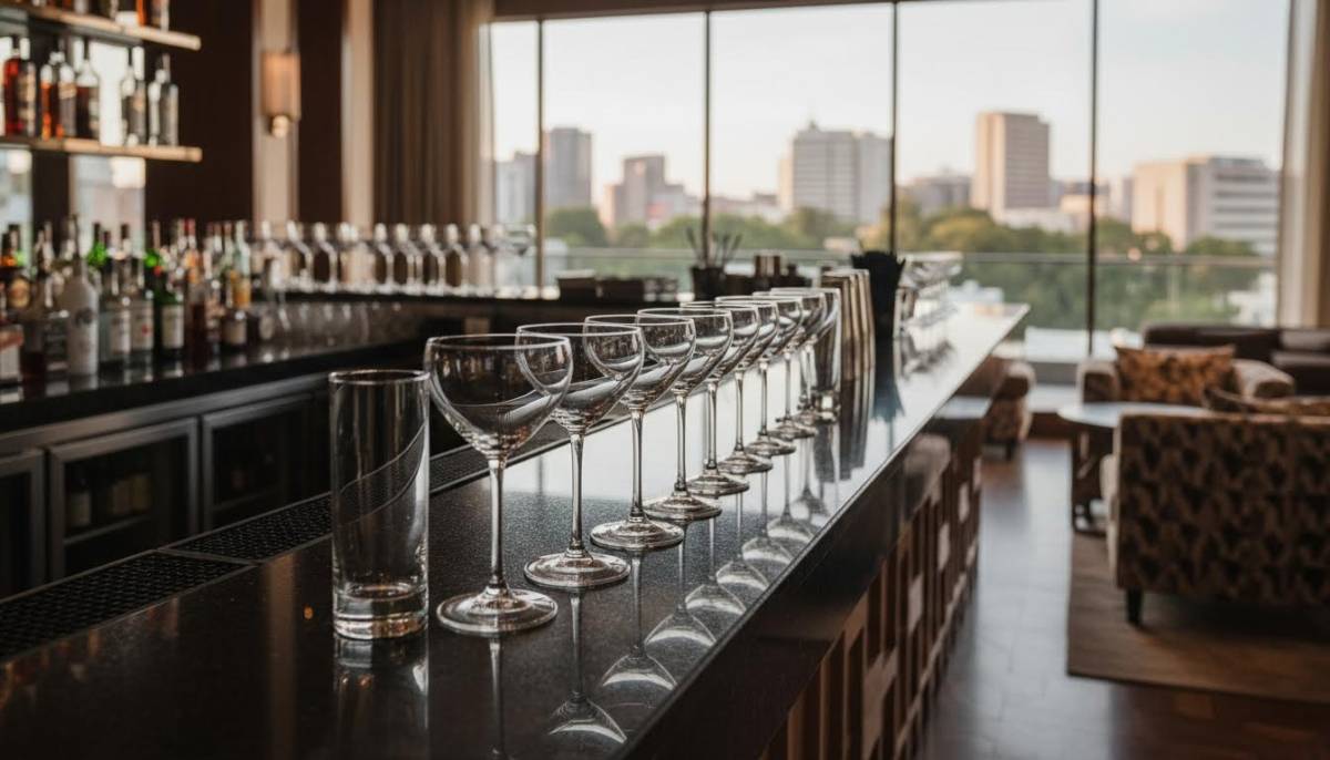 Cocktail glasses prepared on a bar counter