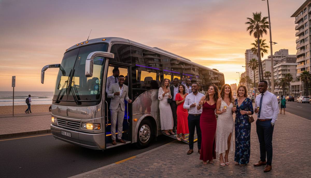 Guests boarding a party bus near the Durban beachfront
