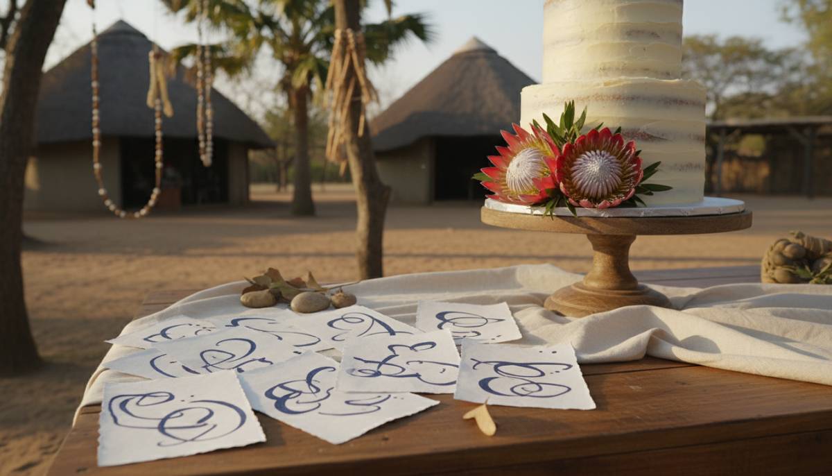 Memory cards arranged near a cake table