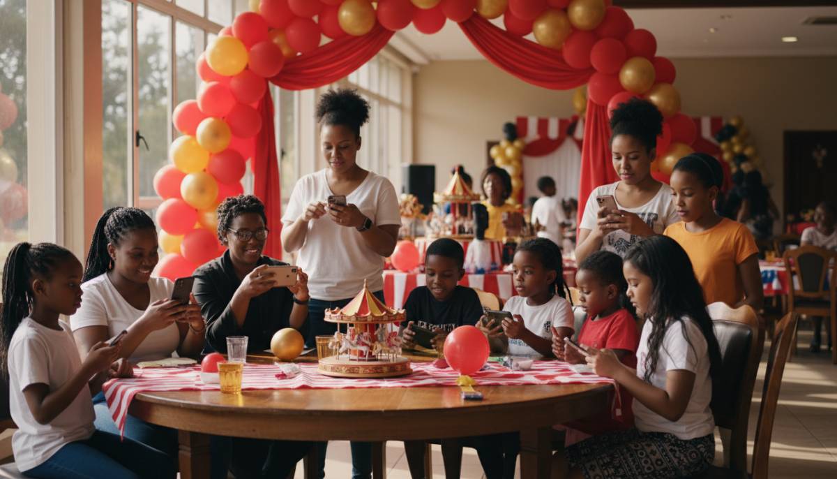 Guests checking phones near a circus party welcome table