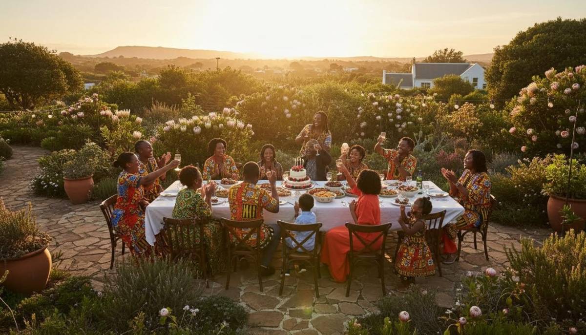 Family celebrating around a birthday cake table
