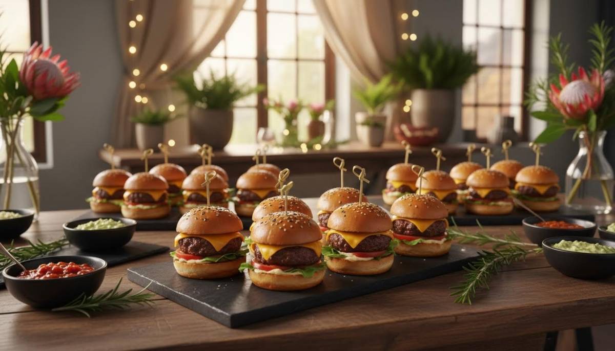 Mini burger sliders arranged on serving trays