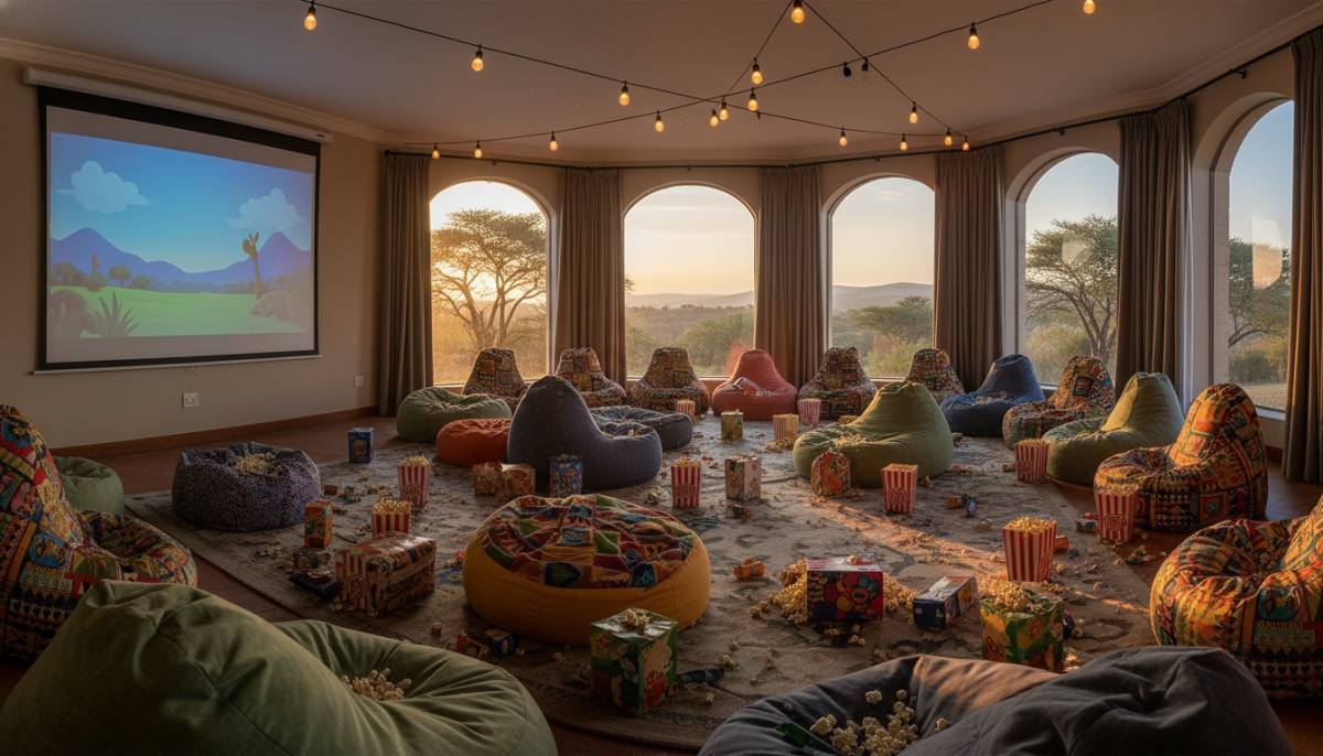 Movie lounge setup with popcorn boxes and cushions