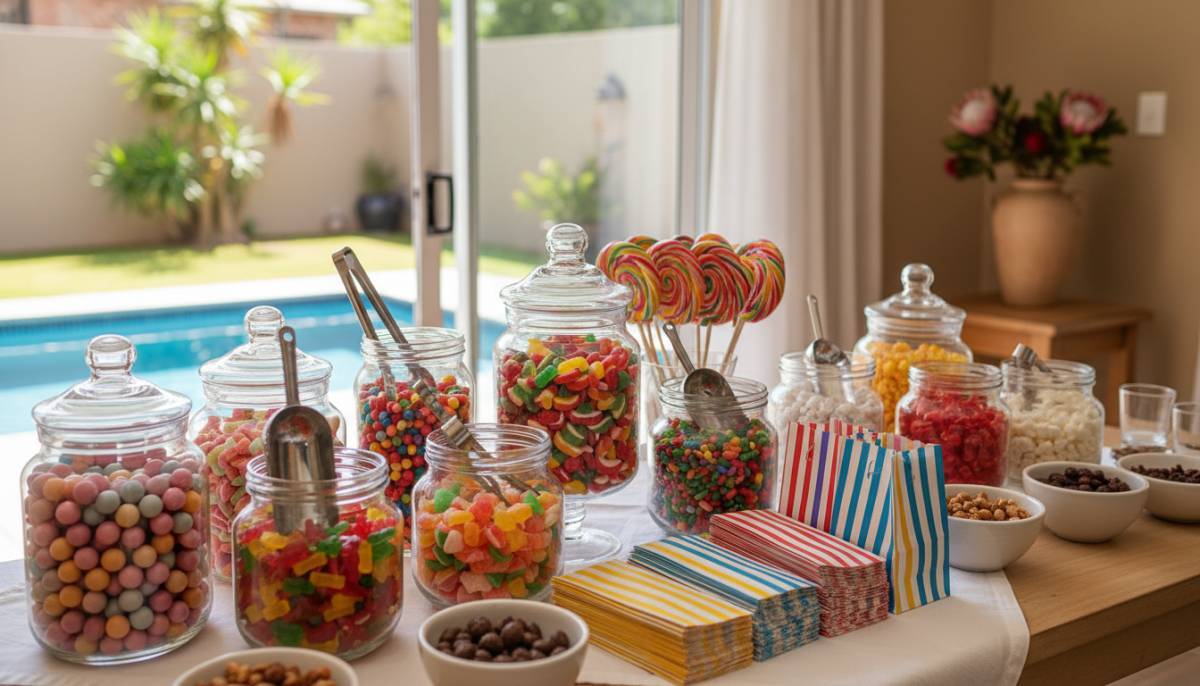 Candy table with jars and striped sweet bags