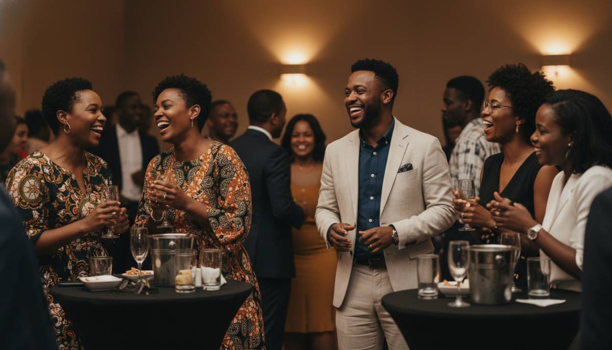 Guests talking in pairs at a networking mixer