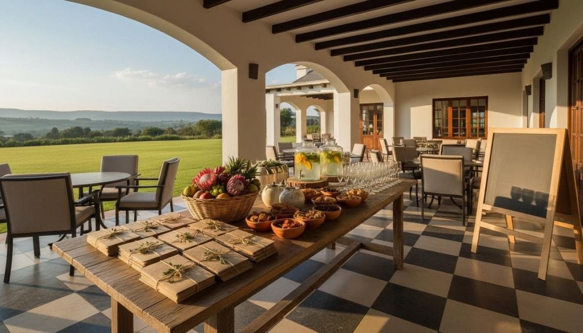Welcome table at a team retreat venue