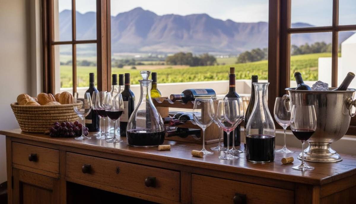 Wine and glassware on a sideboard