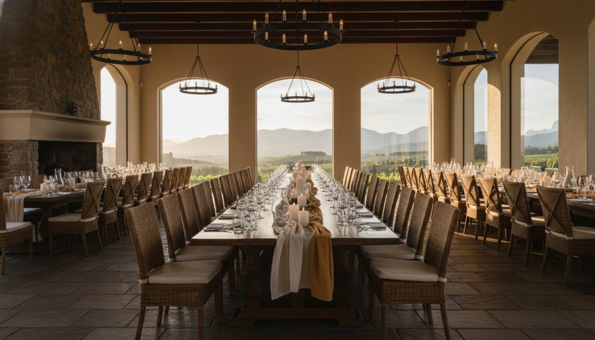 Empty wine estate dining room with long table