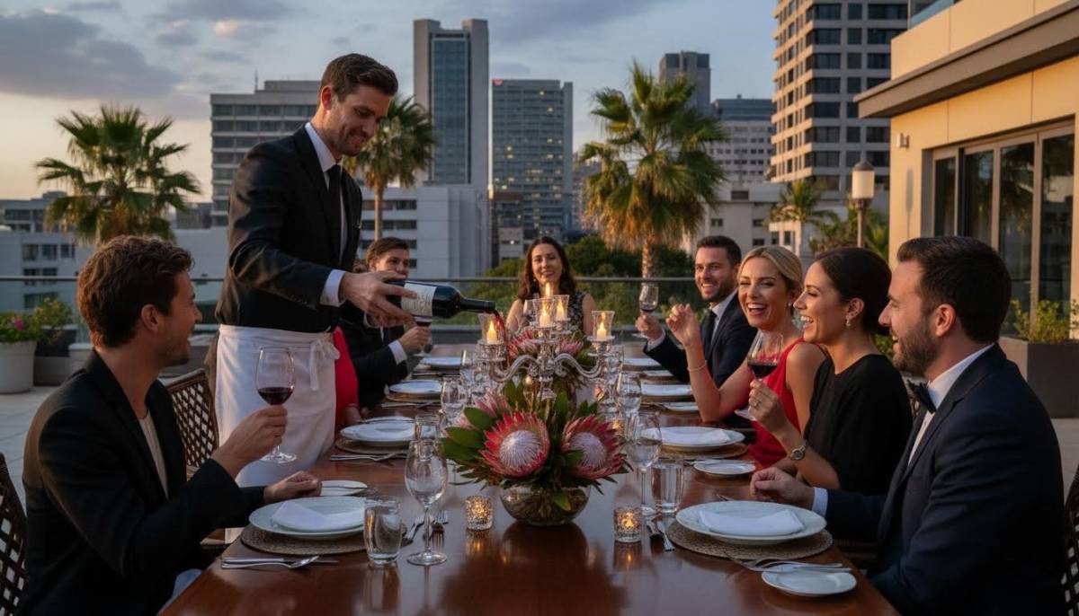 Server pouring wine for dinner guests