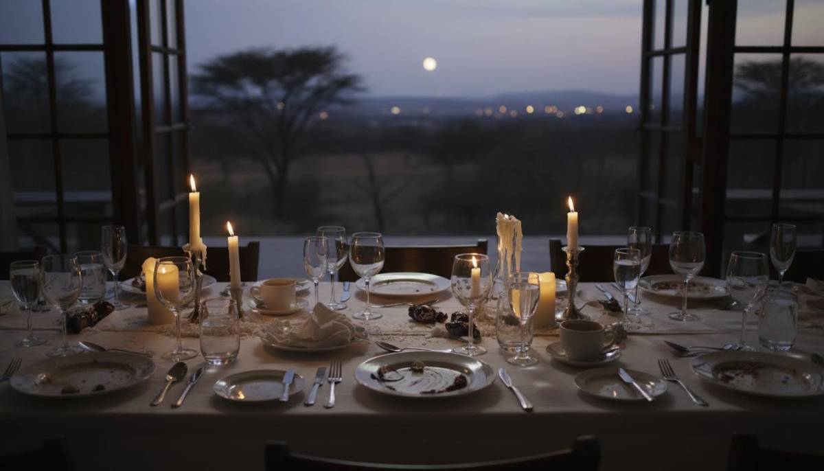 Dinner table after dessert with candle wax