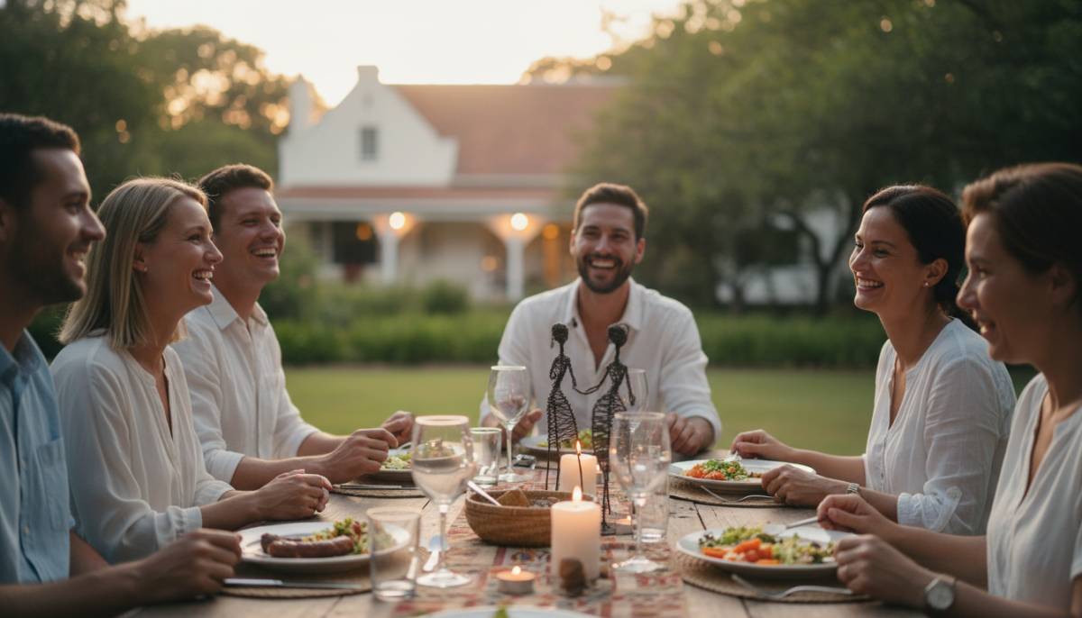 Guests laughing around a dinner table