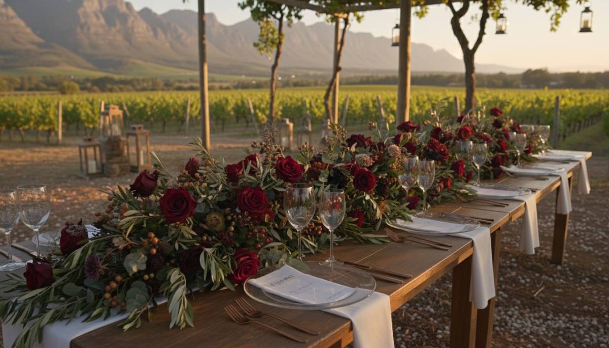Low floral runner on dinner table