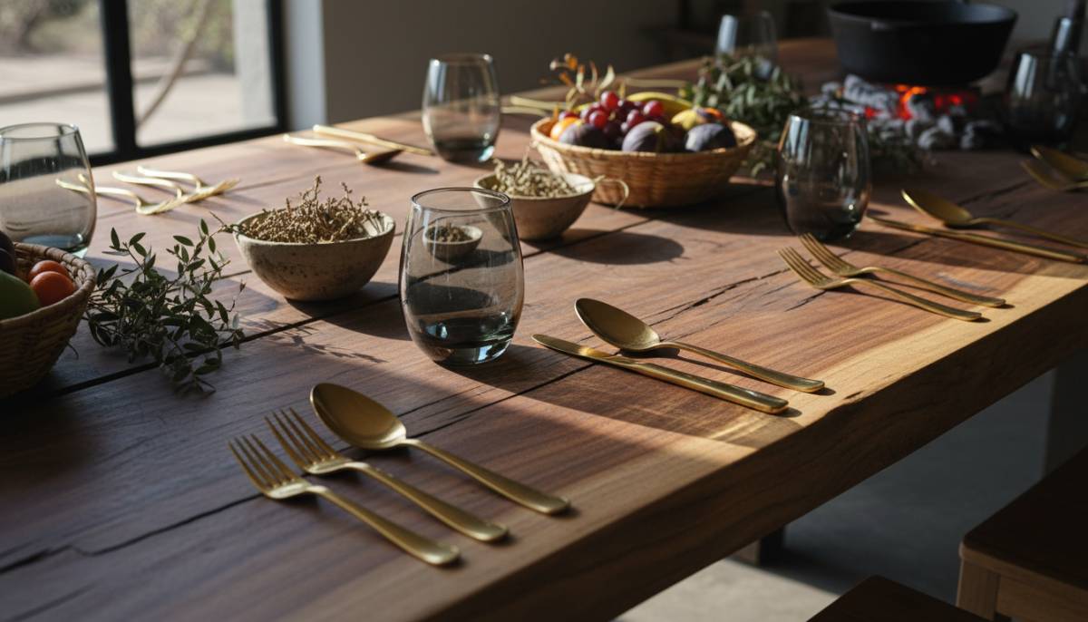 Brass cutlery and smoked tumblers