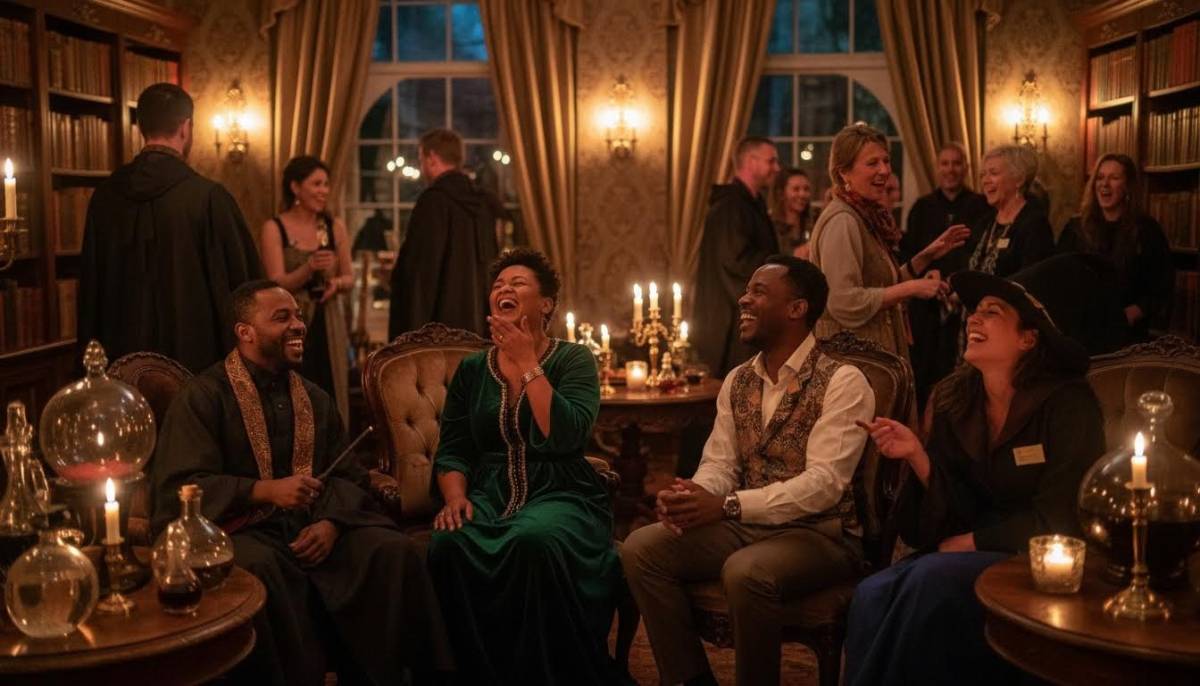 Adults celebrating in a wizard lounge