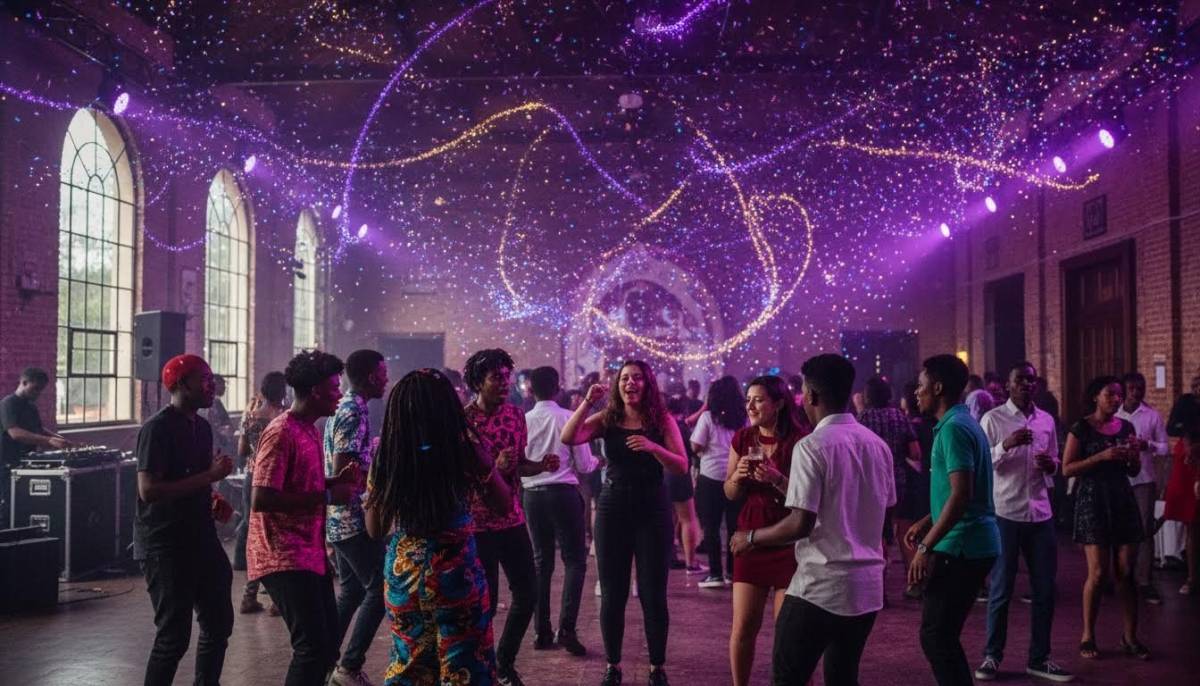 Teenagers dancing under purple lights at a wizard party