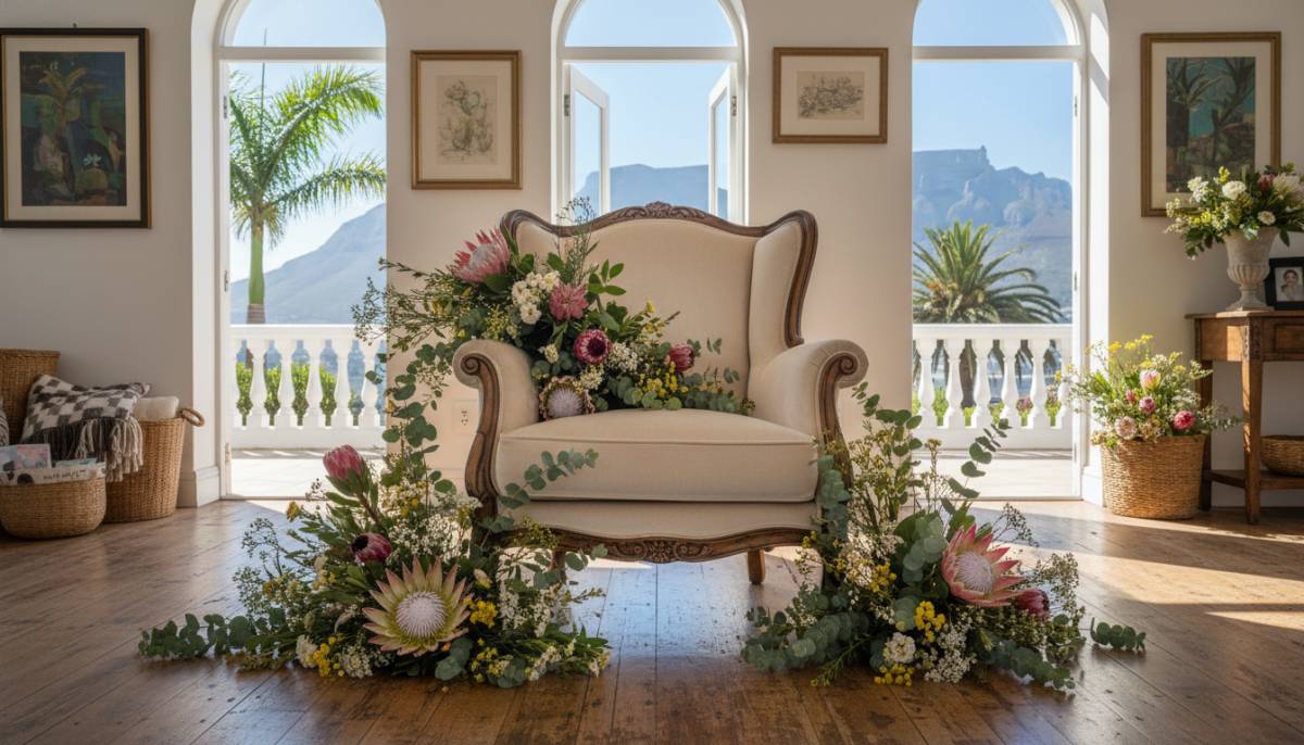 A cushioned chair prepared for birthday portraits