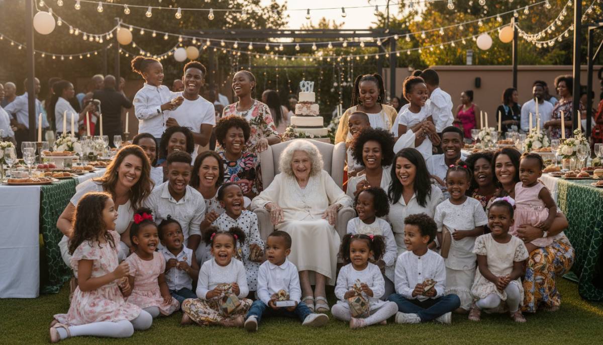 Grandchildren gathered around a centenarian