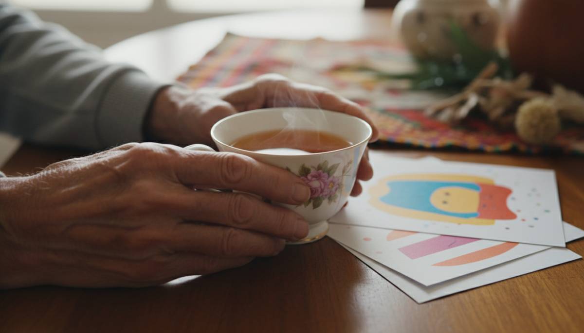 Hands holding tea near birthday cards