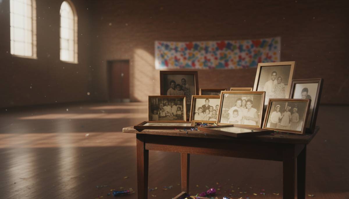 Old family photographs displayed on a table